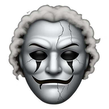 Minimalist emoji-style sticker of a cracked actor’s mask with empty eyes and faint smoke rising, grayscale with dusty shadows sticker
