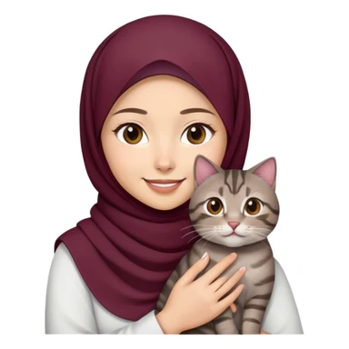 Asian white Girl wearing dark maroon hijab with white shirt smiling while holding a black brown grey tabby cat sticker