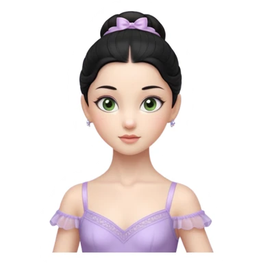 Cinematic Realistic ballerina Light Purple Portrait, depicted with lifelike skin texture, subtle rosy undertones, and soft natural lighting that enhances the gentle contours of her face. Her intricately detailed sweet black hair is elegantly styled, green eyes sticker