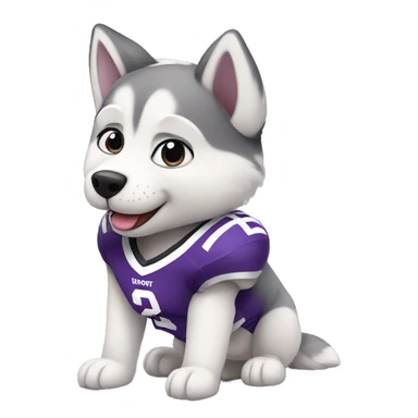 cute fluffy baby husky wearing a purple football jersey sticker