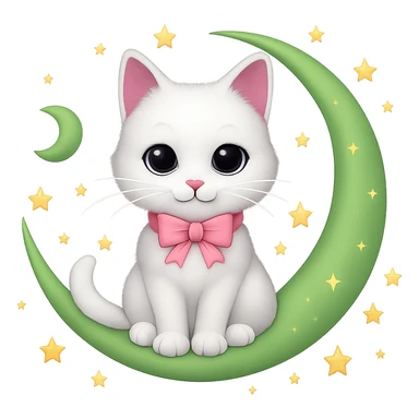 Add small yellow stars around the green crescent moon, keep the white cat with pink bow, in emoji style with no background. sticker