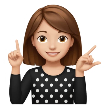 girl wearing a  black polka white dots  shirt style, and poiting witgh her hand, her hair brown  sticker