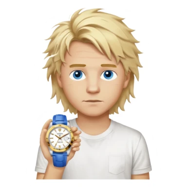 Create a look for a blond boy with long, tousled hair, light eyes, a white t-shirt, a wealthy appearance, blue eyes, and accessories like a Rolex or Cartier watch, and a cute face with messy hair down. sticker