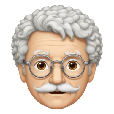 An elderly scientist emoji fluffy curly white hair, brown eyes behind black-framed glasses, a narrow pointed face, and a thin straight white mustache above his mouth. sticker