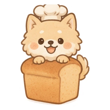 chibi style soft fluffy dog as a bread maker, peeking from a bread loaf, cheerful, warm beige, full-body sticker