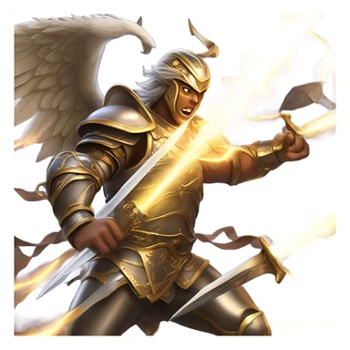angels and demons in a lively fight mid flight with swords and armor and lightning sticker