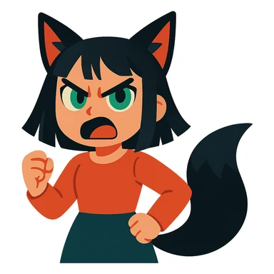 A girl with black fox ears and a tail, green eyes, dark hair, looking angry sticker