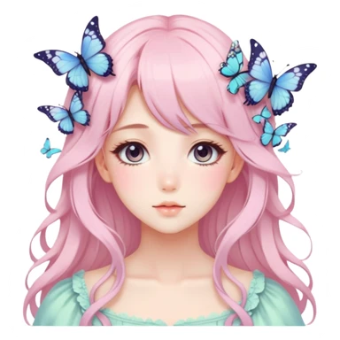 gorgeous pretty anime pastel lady with butterflies and beautiful hair fairycore cottagecore sticker