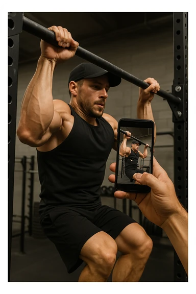 uomo che fa Muscle up e si sta filmando davanti con il telefonino per vedere la sua posizione dei gomiti e delle mani sulla sbarra sticker