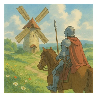 knight on horseback in front of windmill, ghibli style, soft colors, detailed, atmospheric sticker