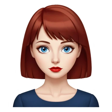 Creative 40-something woman with fair skin, oval face, striking blue eyes with dark eyeliner, thin eyebrows, small nose, full lips with bright red lipstick, dark auburn hair with straight bangs, slight age lines, wearing an elegant black blouse, artistic expression sticker