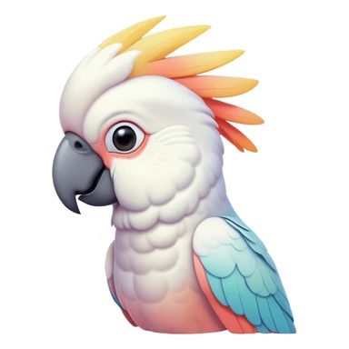 Cinematic Noble Cockatoo Portrait Emoji, Poised and regal, with a striking, crest-adorned head of brilliant white and pastel hues, a robust, curved beak, and piercing, intelligent eyes, Simplified yet sharp and sophisticated features, highly detailed, glowing with a soft, tropical luminescence, high shine, intelligent and majestic, stylized with an air of avian elegance, focused and alert, soft glowing outline, capturing the essence of a watchful and confident cockatoo that appears ready to unfurl its crest out of the screen with effortless authority! sticker