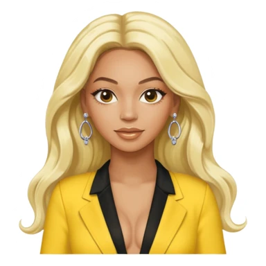Beyonce with long platinum blonde hair, yellow outfit and earring sticker
