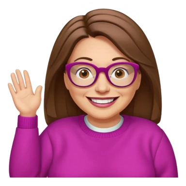 50 yr Caucasian woman, long brown hair parted on side, brown eyes, glasses, big smile, white teeth, fuscia sweater, chubby sticker