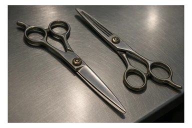 A set of professional barber scissors lies on a stainless steel workbench, gleaming under the bright lights. The blades are sharp and precise, with smooth handles showing signs of frequent use, ready for the next cut sticker