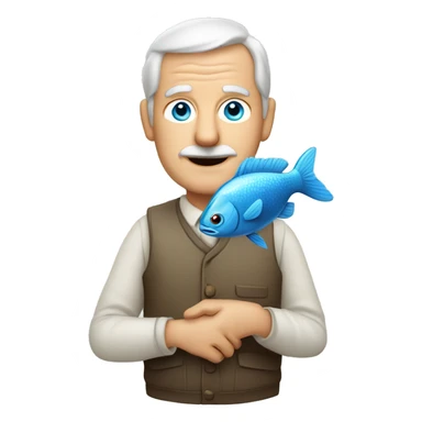 Old white man with blue eyes holding fish sticker