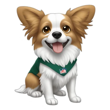papillon dog white short hair with light brown ears smiling wearing eagles afl shirt sticker