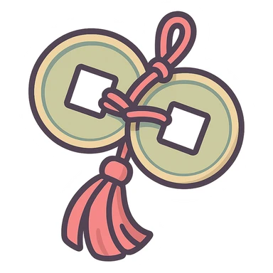 pair of Chinese coins with square holes tied with a red thread tassel, icon-color-outlined style, detailed shadows and highlights, thin clean outlines, soft rounded shapes, pastel palette #98B5BC, #B5B3C1, #C9A3C9, #E4C0CA, #F7DCD1, #F7C0AA, modern Japanese pop art and sticker aesthetic, high detail, vector sharpness, soft lighting, transparent background sticker