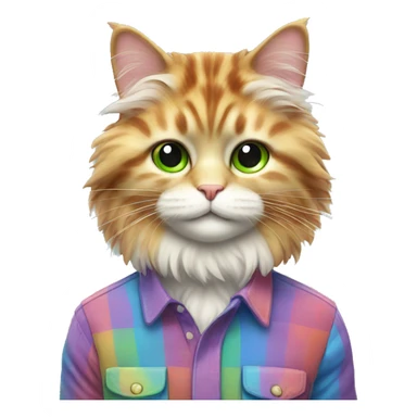 fluffy colorful rainbow cat in a checkered shirt sticker