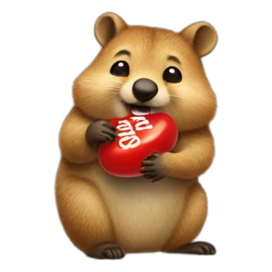 a cute quokka eating a large red peanut M&M sticker