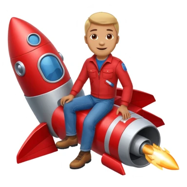 man with red clothes and blue yeanse. sitting on a rocket sticker