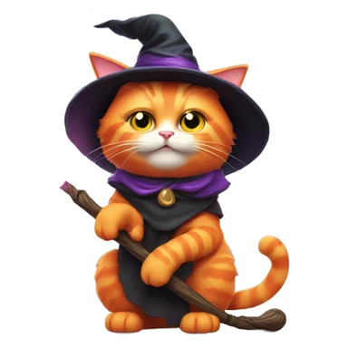 orange cat with witch hat and wand casting a spell sticker