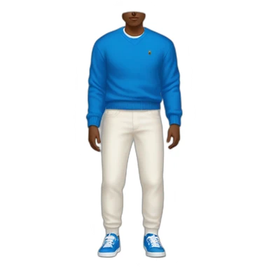 brown guy wearing a ralph lauren blue sweater with an italian white pant and old bape sneakers sticker