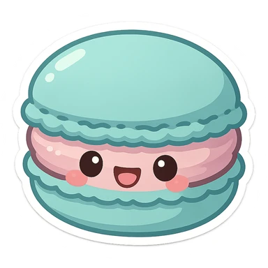 chibi sticker-style macaron with a smiling face, cute and exaggerated sticker