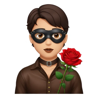 brunette young adult man with leather eye mask and leather halter neck blouse, holding rose with his mouth sticker