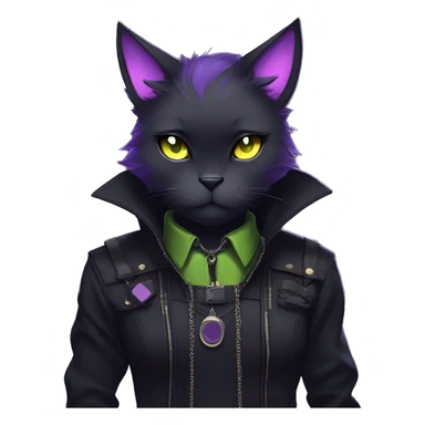 Gorgeous furry gothic dark techwear anime style anthro black cat furry sona Fakemon with blushing face yellow-green eyes aesthetic and pretty edgy black with violet collar and harness trending style sticker
