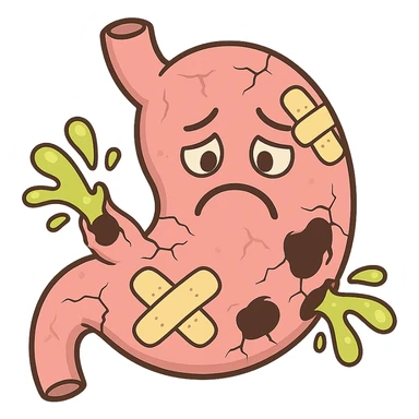 cartoon icon of a stomach character with cracks or holes, sad face, acid splashes, bandages, cute but informative medical style sticker
