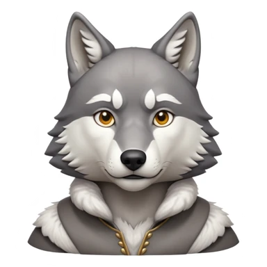cinematic-noble-wolf-portrait-emoji,-poised-and-regal,-with-a-strong,-lean-build-and-a-sleek,-fur-of-grey-and-white,-deep-set-soulful-piercing-eyes,-simplified-yet-sharp-and-sophisticated-features,-highly-detailed,-full-body, zoomed out showing shoulders sticker