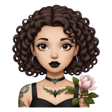 Alternative girl with curly dark brown hair and a magnolia throat tattoo sticker
