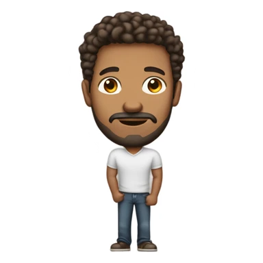 tall men holding his computer in hands. light brown skin men with curly dark brown hair, brown eyes, little grown beard. imposing, bit muscular build. dressed casual. sticker