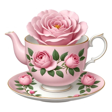 Realistic 1940's ultra detailed English tea rose, tea cup & saucer  sticker