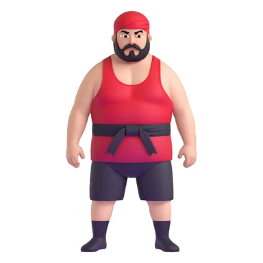 Close-up of very fat white skin guy with young face, beard and mustache, no muscle with prominent black durag, black eyes in a red and black wrestling singlet with angry face sticker