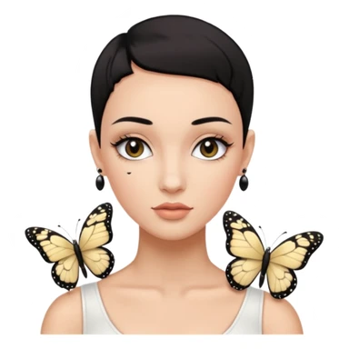 Lady with black buzz cut hair and lashes wearing 4 black earrings holding white butterfly sticker