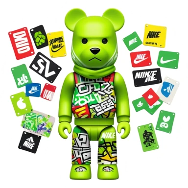geometric bearbrick toy wearing a lime green balaclava completely covered with chaotic streetwear brand logos, graffiti-style tags, Nike, Adidas, Supreme, Off-White all mixed together in urban style, aggressive look sticker