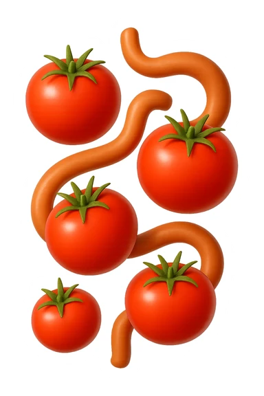 emoji stile iphone di pomodori che fluttuano in aria con colon attorcigliato intorno, iperrealistico 4k, isolato su sfondo bianco sticker