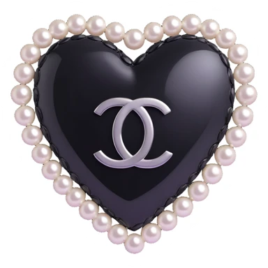 elegant glossy black heart, pearls encircling, silver Chanel logo centered, black and white color scheme sticker