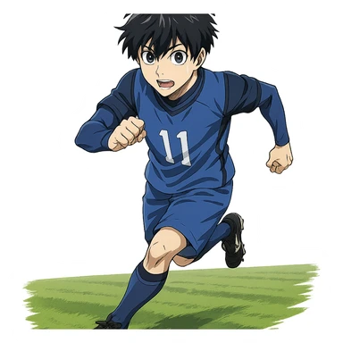 Isagi Yoichi, running on a soccer field, blue uniform, anime style sticker