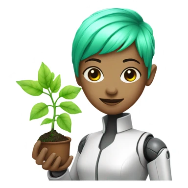 cybernetic scientist wearing a lab coat and holding a small plant, woman with neon green pixie cut with undercut, robot body parts sticker