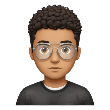 Young Latino with big forehead, metal-framed aviator glasses, very short curly dark hair on top with shaved sides, neutral expression, brown skin, black t-shirt sticker