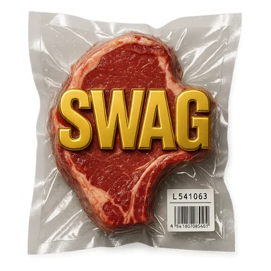 steak with gold block letters 'SWAG', shiny and inflated, vacuum-sealed style sticker