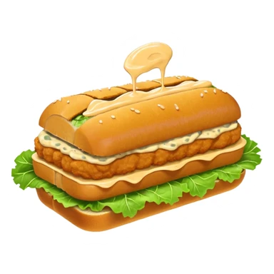 schnitzel sandwich: an oblong roll topped with a schnitzel, placed on a lettuce leaf, the schnitzel is drizzled with remoulade, there is no cheese or other ingredients sticker