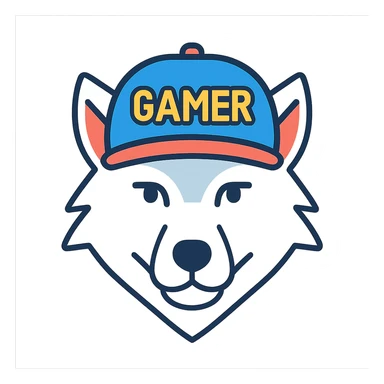 modern icon of a white wolf in a gamer hat, clear silhouette, minimal details sticker