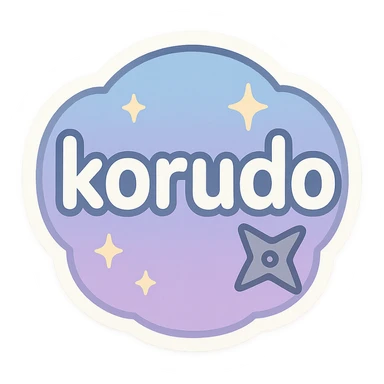 badge with the word 'korudo' in the center, chibi anime-inspired style, playful and cute, rounded shape, soft blue and purple gradient background, bold easy-to-read text, subtle sparkles, small ninja star accent sticker