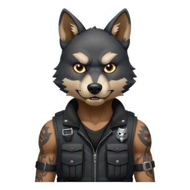 A black anthropomorphic wolf with white marks, he is wearing a muzzle, and his ears are standing up with a variety of piercings. He has a black tactical vest on, and he is in a grumpy mood, his arms just hanging by his side sticker