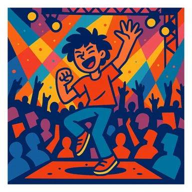 person dancing energetically at a concert, vibrant colors, expressive movement, crowd and stage lights sticker