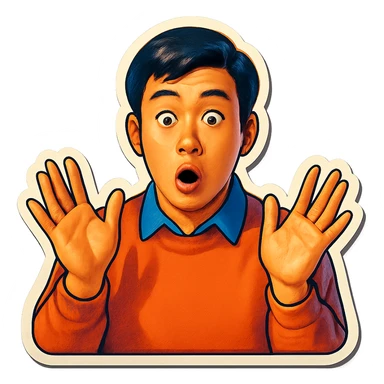 The same Japanese man looks at the viewer with a surprised look, and his hands are empty sticker